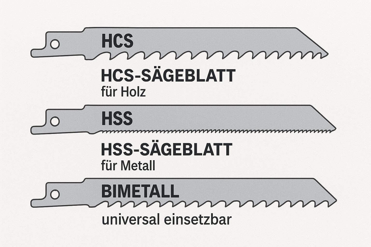 Verschiedene Sägeblatttypen für Säbelsägen